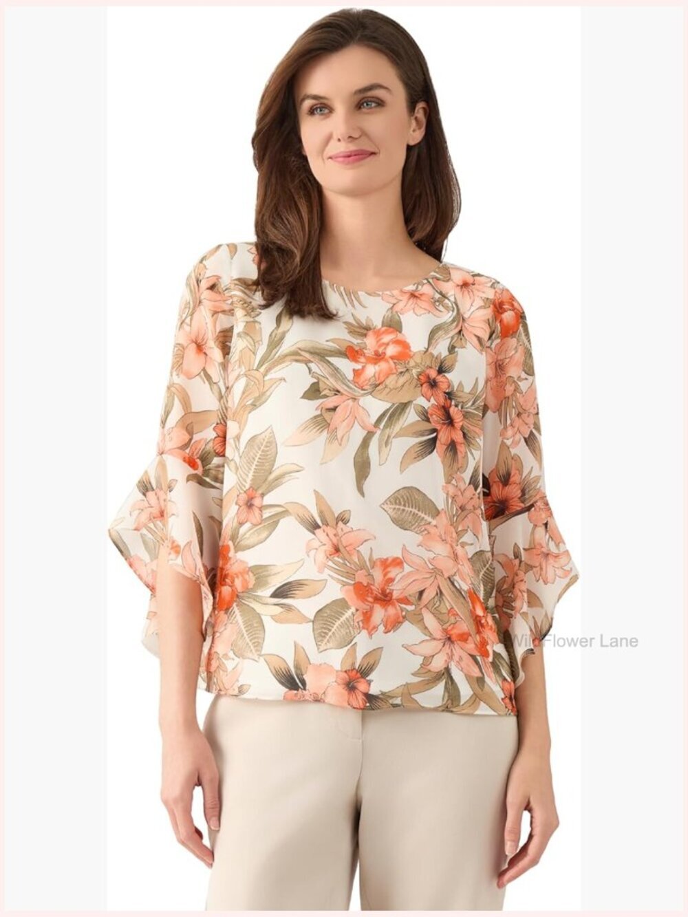 3/4 Ruffle Sleeve Printed Chiffon Blouse Business Casual Top